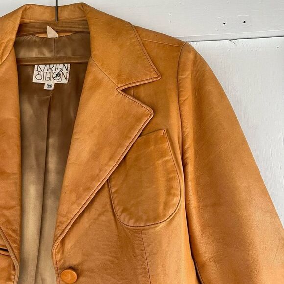 70s Vintage Karen Silton Brown Tan Leather Blazer Jacket XS Small Womens - Picture 2 of 6